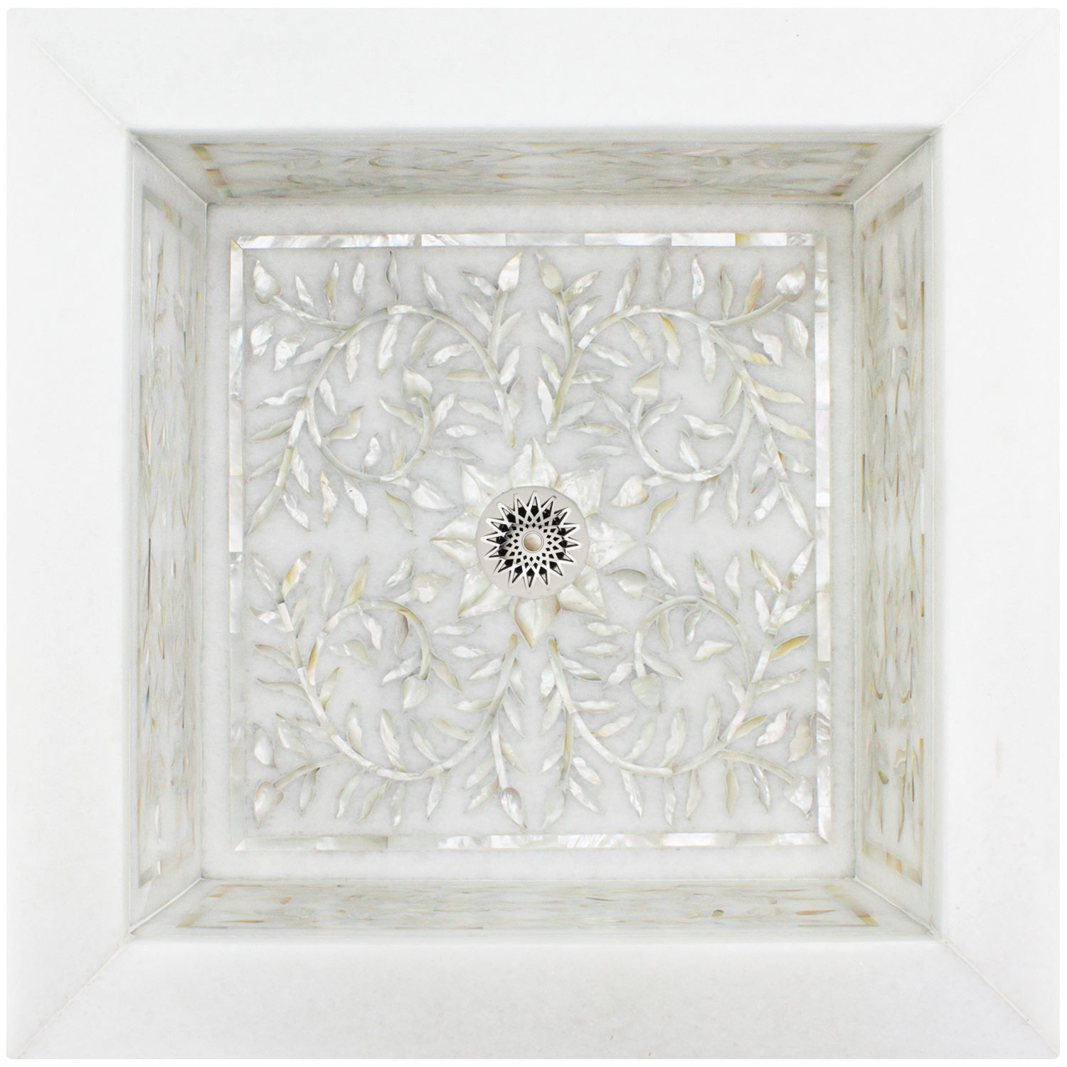 Linkasink Bathroom Sinks - MI14 W Square White Marble Floral Mother of Pearl Inlay Drop-In Sink - White